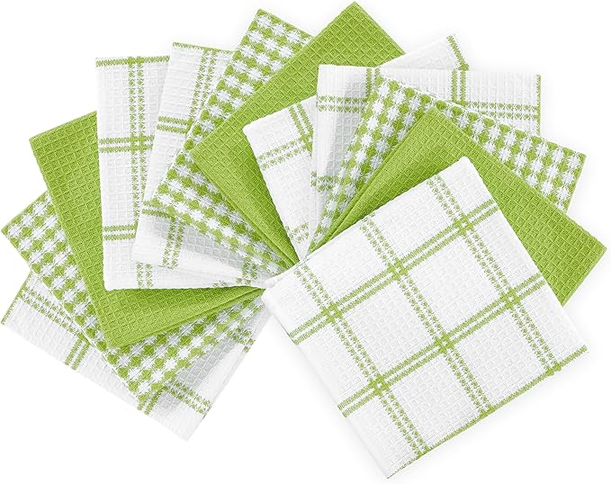 T-Fal Premium Waffle Dish Cloths: Highly Absorbent, Super Soft Long Lasting - 100% Cotton, 12"x13" Towel for Cleaning & Drying, (12-Pack), Green