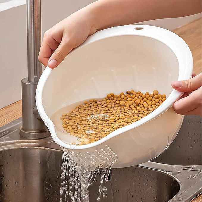 Japanese Rice Washing Bowl Quinoa Washer Strainer Small Grains Cleaner Plastic Side Drainers Colander for Rinsing Fruits, Vegetables and Beans, BPA-Free