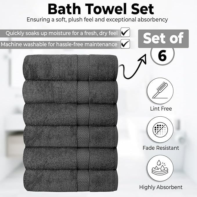 QUBA LINEN Hotel & Spa 100% Cotton Bath Towels Pack of 6, Ultra Soft, Quick Dry, Lightweight, Highly Absorbent, Perfect for Face, Hands, Spa, Gym, Hotel, Resort & Daily Use - Grey (24" x 48")