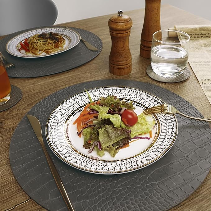 Round Leather Placemats for Round Tables Set of 6, Gray Table Place Mats and Coasters, Washable Easy to Care for Indoor Decor 13" Diameter