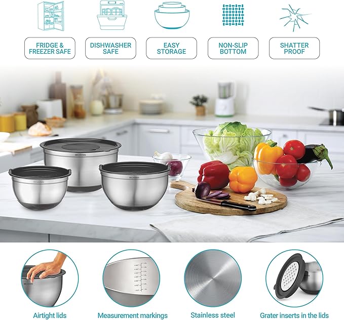 Belwares Mixing Bowls with Lids Set of 5 - Stainless Steel Mixing Bowl Set, Kitchen Nesting Metal Bowls with Non Slip Bottoms + 3 Grater Attachments, Airtight Lids, Food Prep + Storage, Matte Black