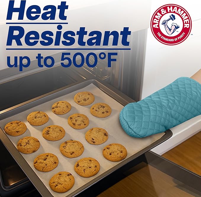 Arm & Hammer Quilted Oven Mitts, Heat Resistant, Non-Slip Silicone Grip, 2 Pack, Teal