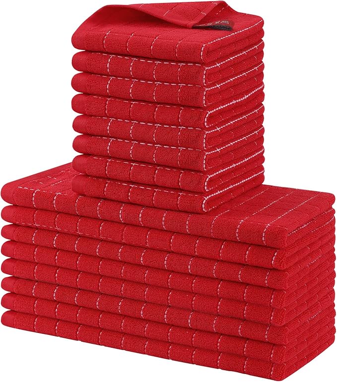 Homaxy Kitchen Towels and Dishcloths Set, 12 x 12 and 13 x 28 Inches, Set of 16 Bulk Cotton Terry Kitchen Towels Set, Checkered Designed, Soft and Super Absorbent Dish Towels, Red