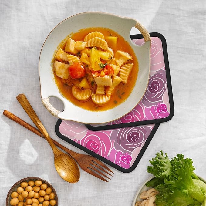 Pink Gold Rose Floral Pot Holders Set of 2,Kitchen Heat Resistant Potholder for BBQ Cooking Baking,Food Hot Pad for Women Men