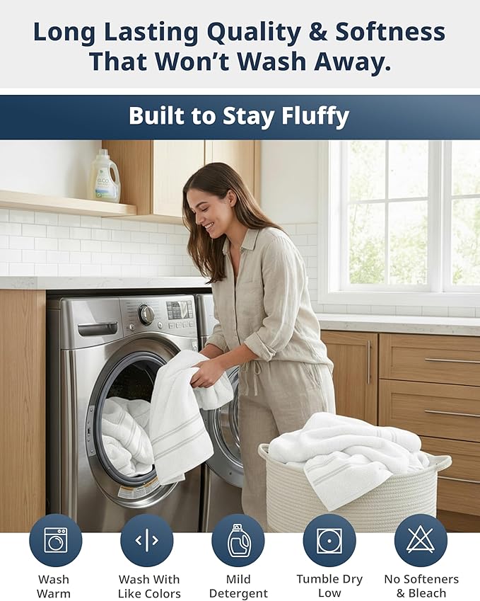 LANE LINEN Bath Towels Set of 6 – 100% Cotton, Zero Twist, 2 Large Bath Towel, 2 Hand Towels & 2 Wash Cloths, Quick Dry & Long-Lasting, Perfect for Family Bathrooms, Easy Care – White Towels