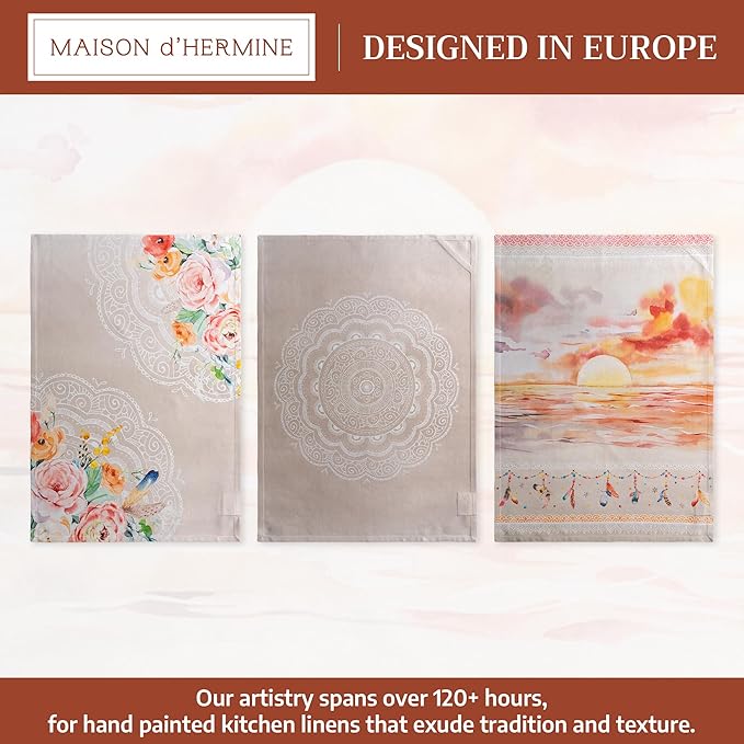 Maison d' Hermine Kitchen Towels Set of 3 100% Cotton 27.50" x 20" Reusable Cloth Tea Dish Towels Absorbent with Hanging Loop for Kitchen Gifts for Mothers Day Spring/Summer (Ibiza - Beige)