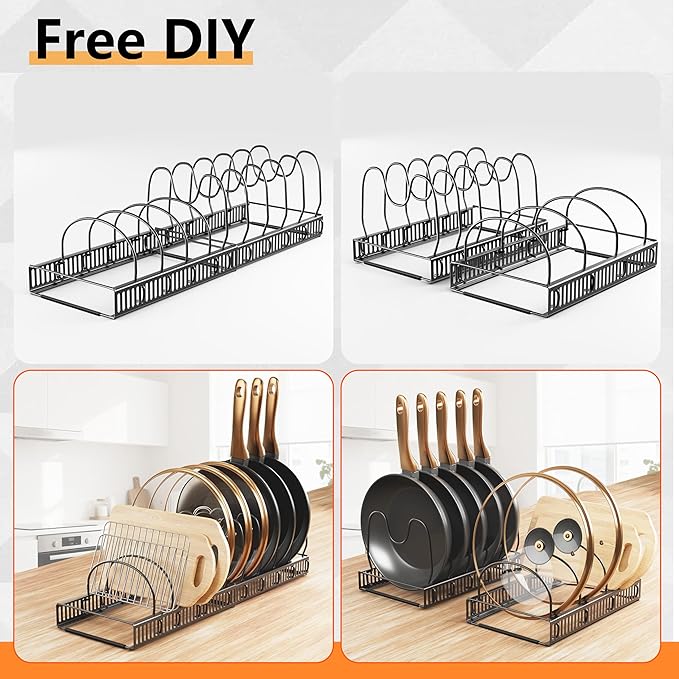 Pots and Pans Organizer Rack for Under Cabinet Expandable Pot Lid holders inside Organizer 10 Adjustable Divider Pan organizer 11.81''-22.85'' Pan lid organizer for cabinet Organizer for Bakeware