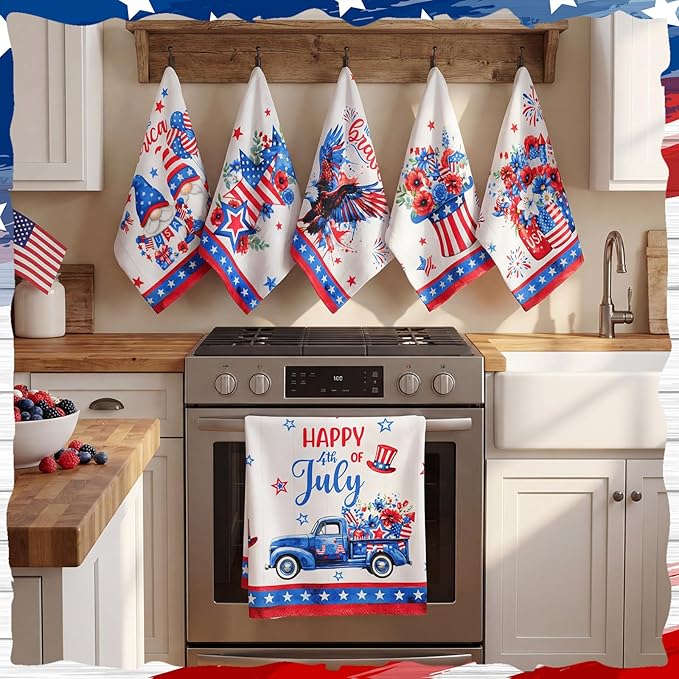 Breling Set of 6 4th of July Kitchen Towels Patriotic Themed Dish Towel Bathroom Decorative Rustic Cloths for Independence Day Kitchen Bathroom Home Cooking Housewarming, 14 x 21 Inch