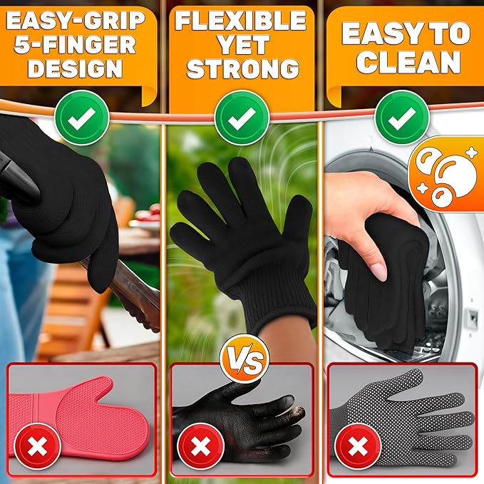 Heat Resistant Gloves – Aramid Oven Gloves with Fingers for Cooking & Grilling, Lightweight BBQ Gloves with Cotton Lining, Non-Slip, 9.45"x3.94" Kitchen Mitts for Baking & Frying, Great Gift for Chefs