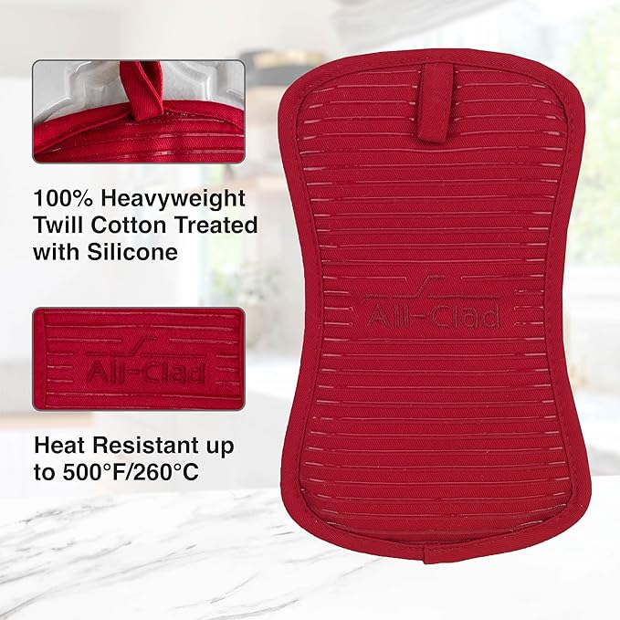 All-Clad Premium Pot Holder & Heating Pad, (2-Pack) Heat Resistant to 500 Degrees, 100% Cotton 10"x6.25" for Kitchen and Barbeque, Chili Red