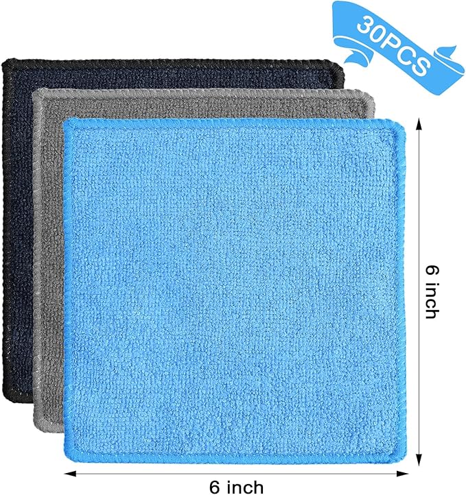 Tanlade Cleaning Cloth Dry Erase Cloth Cleaning Rags Reasonable Kitchen Towels Microfiber Towels Cars Wash(6 x 6 Inch,Blue/Gray/Black,30 Pcs)