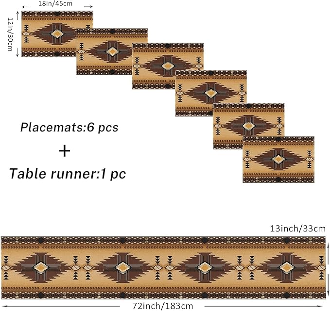 ArtSocket Western South Table Runner and Placemats Set of 6, Ethnic Boho Tribal Aztec Colorful Flower Dining Decor for Daily Use(1 Table Runner 72 inches Long and 6 Placemats)