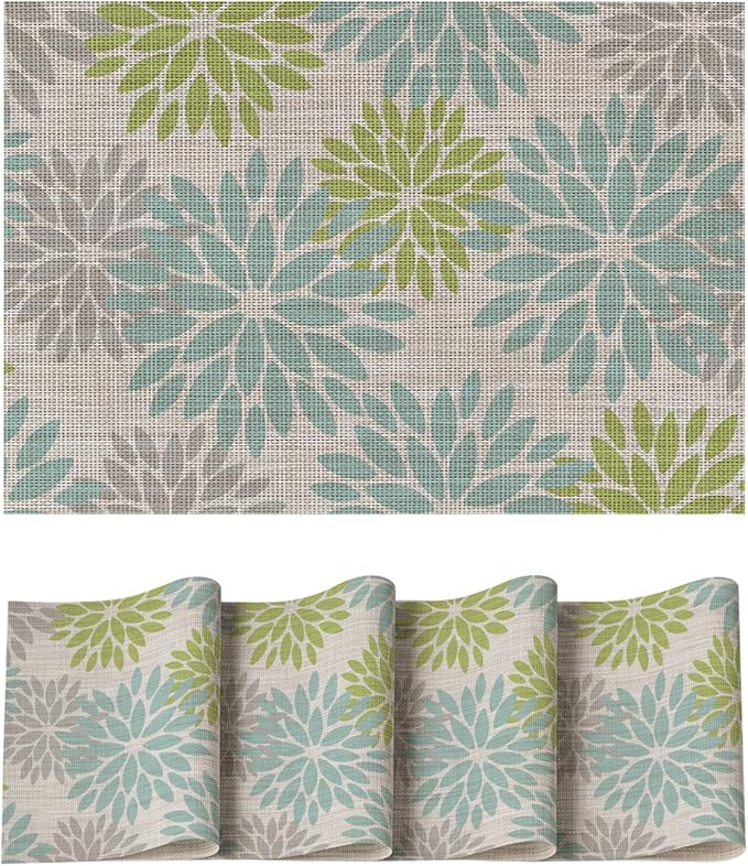 Artoid Mode Floral Vinyl Placemats Set of 4, Heat Resistant Washable Non-Slip Plistic PVC Place Mats for Party Kitchen Dining Decor, Sage