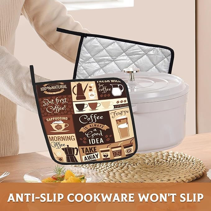 2PCS Brown Coffee Pot Holder with Loop,Vintage Latte Heat Resistant Oven Pads, Hot Pat for Kitchen Cooking Baking Food