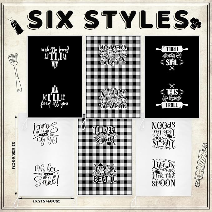 Bencailor 6 Pcs Black White Plaid Kitchen Towels Decorative Sets Dish Towels Absorbent Fast Drying Hand Tea Vintage Hanging Reusable Cleaning Dishcloths for Cooking Farmhouse Bathroom Accessory