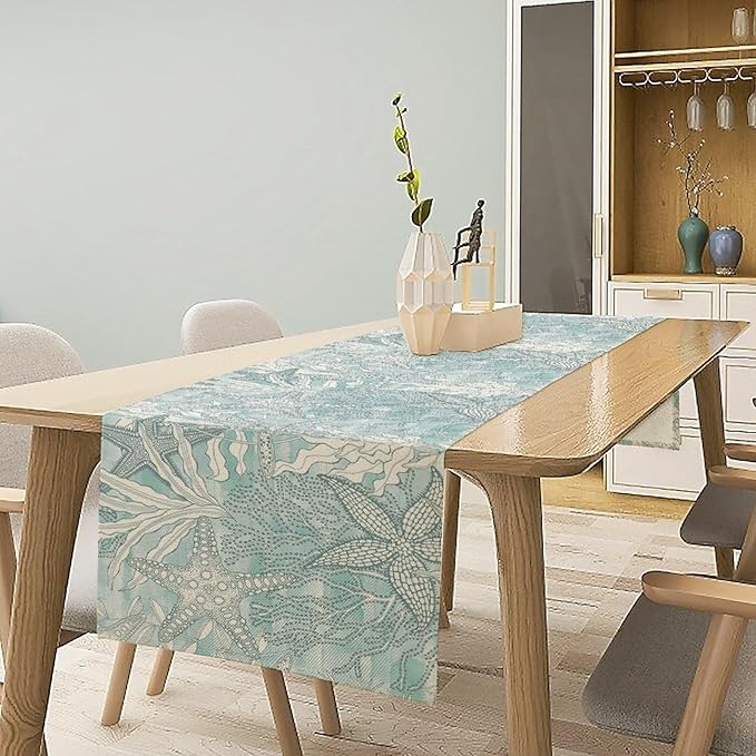 Nautical Table Runner Beach Sea Starfish Coral Art Printed Runner for Home Kitchen Dining Table Living Room Decor Fabric 1 Panel W13xL90in
