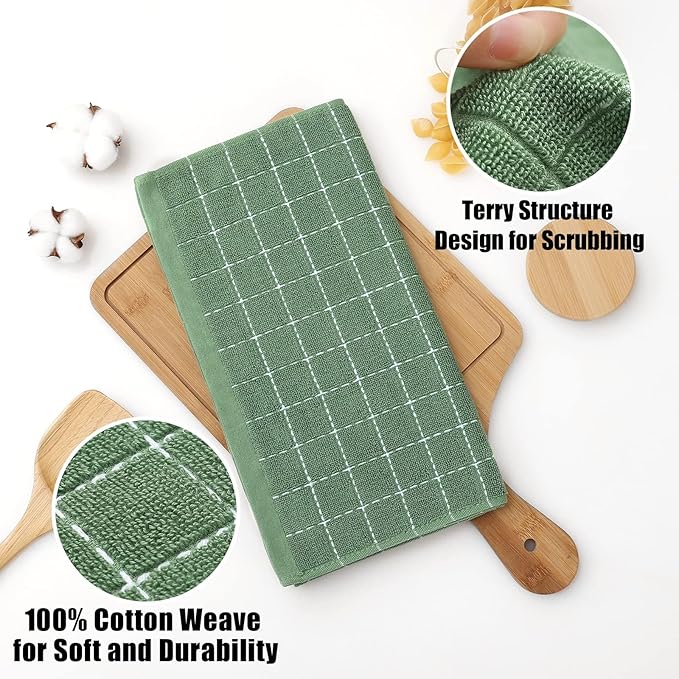 Homaxy 100% Cotton Terry Kitchen Dish Cloths, Ultra Soft and Absorbent Dish Towels for Kitchen, Suitable for Drying and Washing Dishes, 4 Pack, 12 x 12 Inches, Grass Green