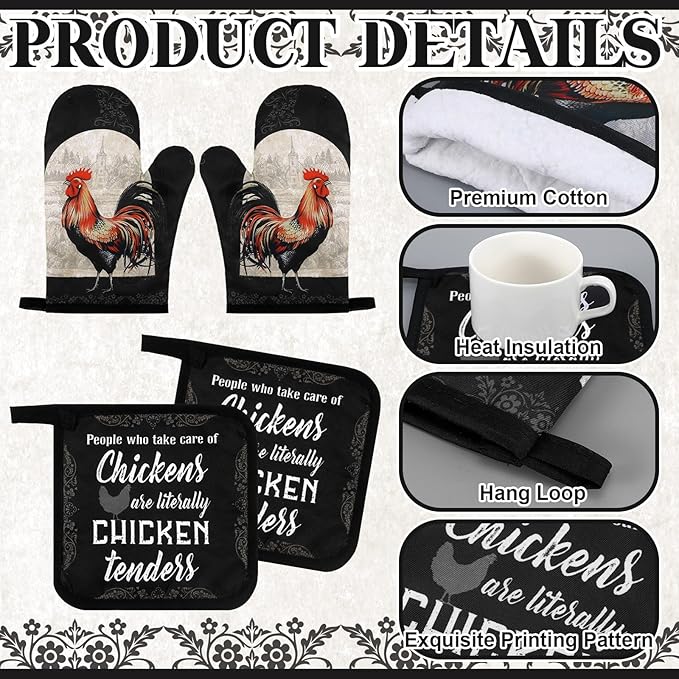 Bencailor 6 Pcs Spring Kitchen Decor Sunflower Pot Holders and Oven Mitts Sets Yellow Kitchen Towel 2 Farmhouse Cooking Mittens for Cooking Grilling Supply Accessories(Black, Gray,Rooster)