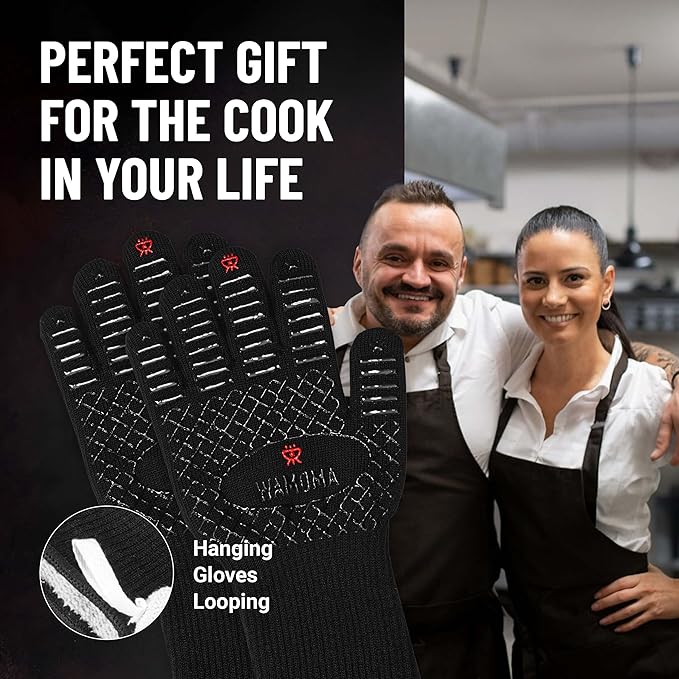 Long Heat Resistant BBQ Gloves - 1472°F Heat Proof Internal Cotton Lining, Non-Slip Silicone Grilling Gloves for Meat Handling, Barbeque, Cooking, XL Oven Gloves with Long Sleeve