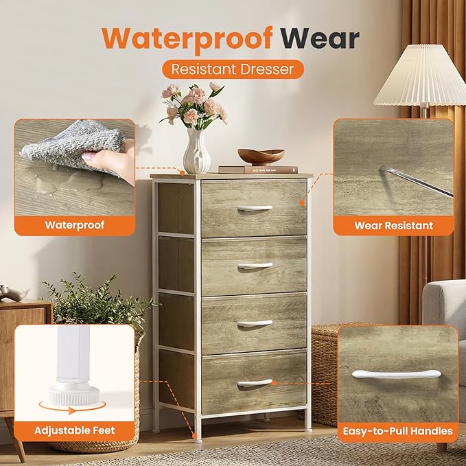 Sweetcrispy Nightstand Small Bedroom Dresser with 4 Fabric Drawers,Bed Side Furniture End Table,Wooden Top Cabinet Night Stand Dresser for Closet,Entryway,Dorm,Oak Greige