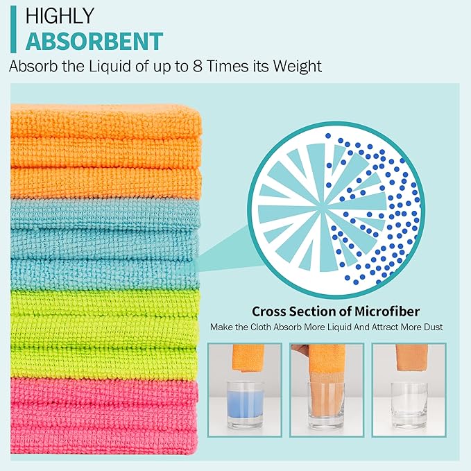 Microfiber Cleaning Cloth, 100 Pack Cleaning Rags, 12" x 12" Shop Towels, Lint Free Reusable All Purpose Microfiber Towels for Cars Kitchen House Office Automotive