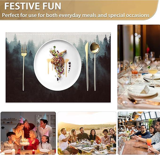 Placemats Set of 6 Linen Washable Kitchen Dining Misty Forest Table Mats Stain Heat-Resistant Desktop Décor Place Mats for Home Party Indoor 12x18 in
