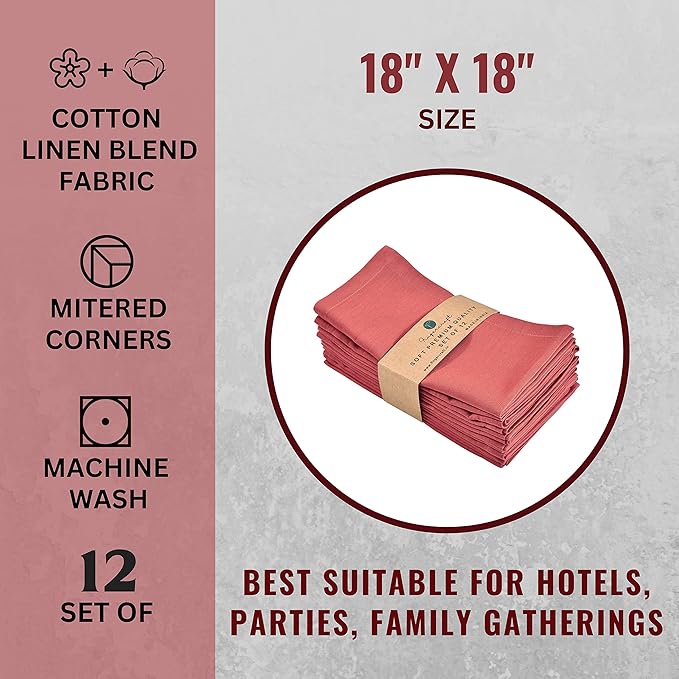Fingercraft Cloth Napkins Cotton Linen Blend Fabric 12 Pack Premium Quality Mitered Corners for Every Day Use Napkins are Pre Shrunk and Good Absorbency Easter Color Coral