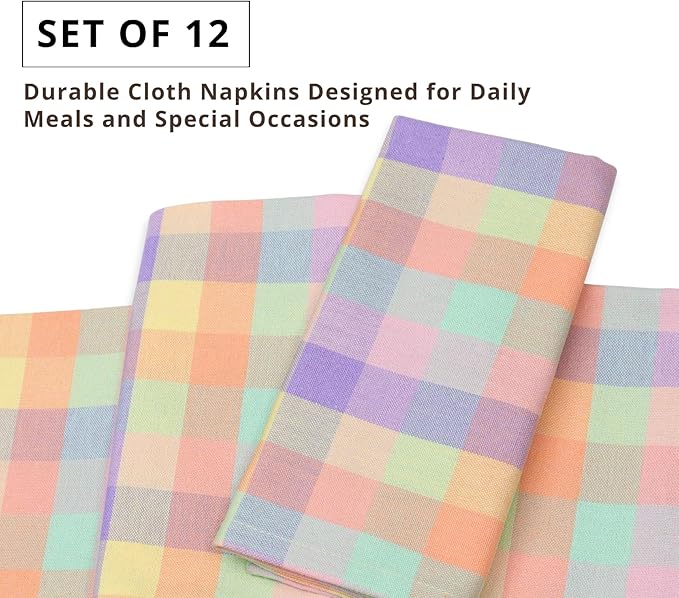 PurpleEssences Buffalo Plaid Cloth Napkins - Mitered Corners - Spring Easter Summer - Gingham Check Dinner Napkin - Set of 12-100% Cotton - 18x18 Inch - Reusable Washable - Multicolor