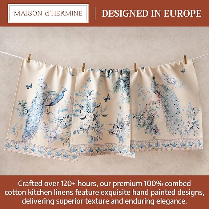Maison d' Hermine Dishcloths 100% Combed Cotton Premium (20" x 27.50") Easter Multi-Purpose, Kitchen Towel for Kitchen, Holiday, Dinner, Wedding & Dining, Peacock Utopia - Sandy Beach (Set of 3)
