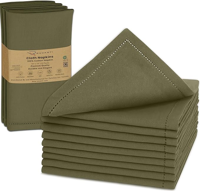Ruvanti Cloth Napkins Set of 12, 100% Cotton High GSM 18x18 Inches, Hem Stitched Corners, Soft, Washable, Durable & Absorbent, Perfect for Parties, Christmas, Thanksgiving Dinners – Capulet Olive