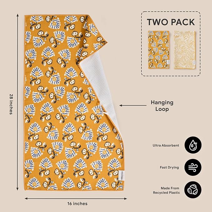 RECYCO Waffle Kitchen Towel Set of 2 - Quick Dry Microfiber Sustainable Dish Towels - Ultra Absorbent Reusable Cleaning Tea Towels - Lightweight Hand Towels,16”x 28”, Marigold Mosaic