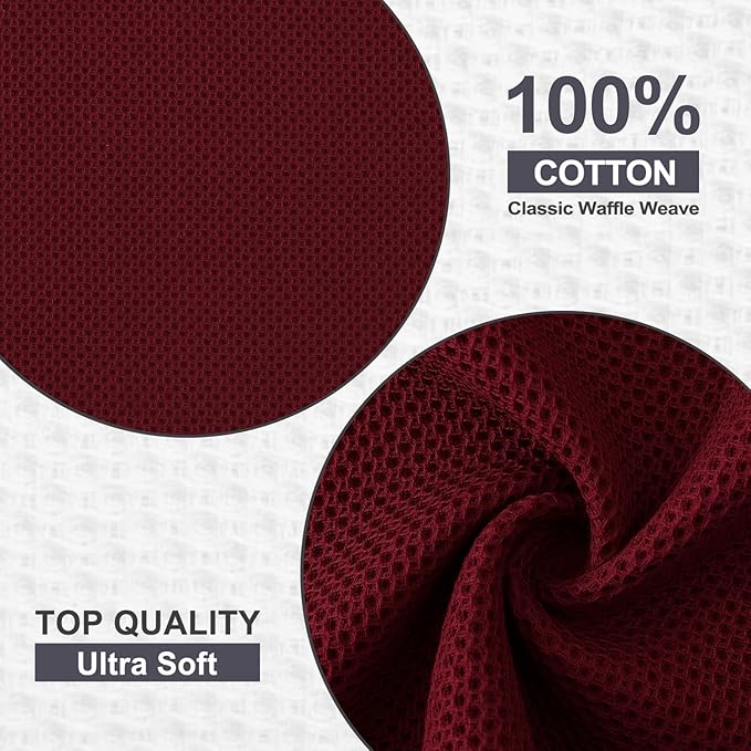 Kitinjoy 100% Cotton Kitchen Dish Cloths (12 X 12 Inches, Burgundy), 6 Pack Waffle Weave Ultra Soft Absorbent Dish Towels for Drying Dishes Quick Drying Kitchen Towels Dish Rags
