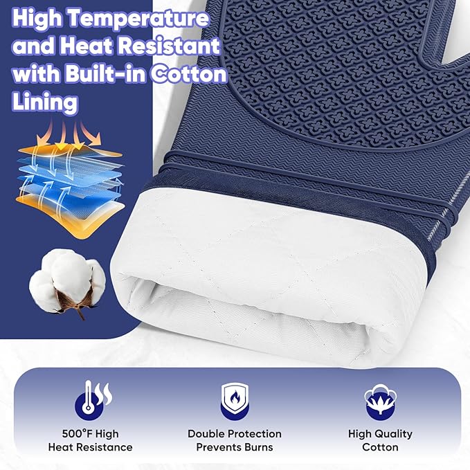 Silicone Oven Mitts, Heat Resistant Oven Gloves with Quilted Liner, Waterproof & Non-Slip Kitchen Mittens for Baking Cooking BBQ, 500°F, 12.5"-Ink Blue