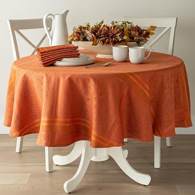 Benson Mills Ravenna Yarn Dyed Jacquard Heavyweight Fabric Table Cloth, Everyday, Parties, Weddings, Holiday, Fall and Thanksgiving Tablecloth (70" Round, Bison/Rust)