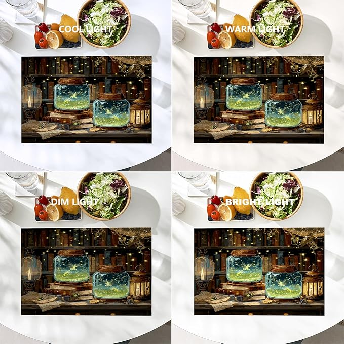 Batmerry Enchanted Library Fairies Placemats, Magical Jars with Fairies Washable Linen Table Mats for Kitchen Table Double Insulation Decor Dining Set Indoor Outdoor 12X18 in Set of 4