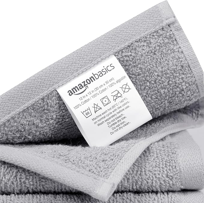 Amazon Basics Fast Drying Cotton Washcloths for Bathroom, Machine Washable, Extra Absorbent, 12 x 12 in, Gray, (Pack of 144)