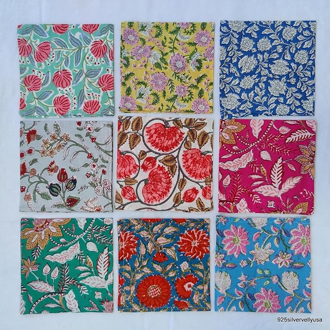 INDIANHANDICRAFTS 10 Pc Mix Lot Hand Block Print Napkin, 100% Cotton, 16x16 Inch, Multicolor Floral, Square, Napkin