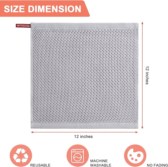 BOOMIBOO 6-Pack Kitchen Dish Cloths, 100% Cotton Waffle Weave, Ultra Soft Absorbent, Quick Drying Dish Towels, 12x12 Inches，Light Grey