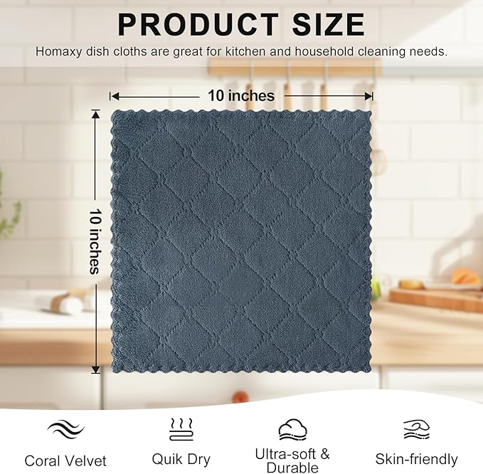 Homaxy 12 Pack Kitchen Dish Cloths (10 x 10 Inches, Dark Grey), Super Soft and Absorbent Coral Velvet Dish Towels, Nonstick Oil Fast Drying Microfiber Cleaning Cloth, No Lint Household Dishcloths