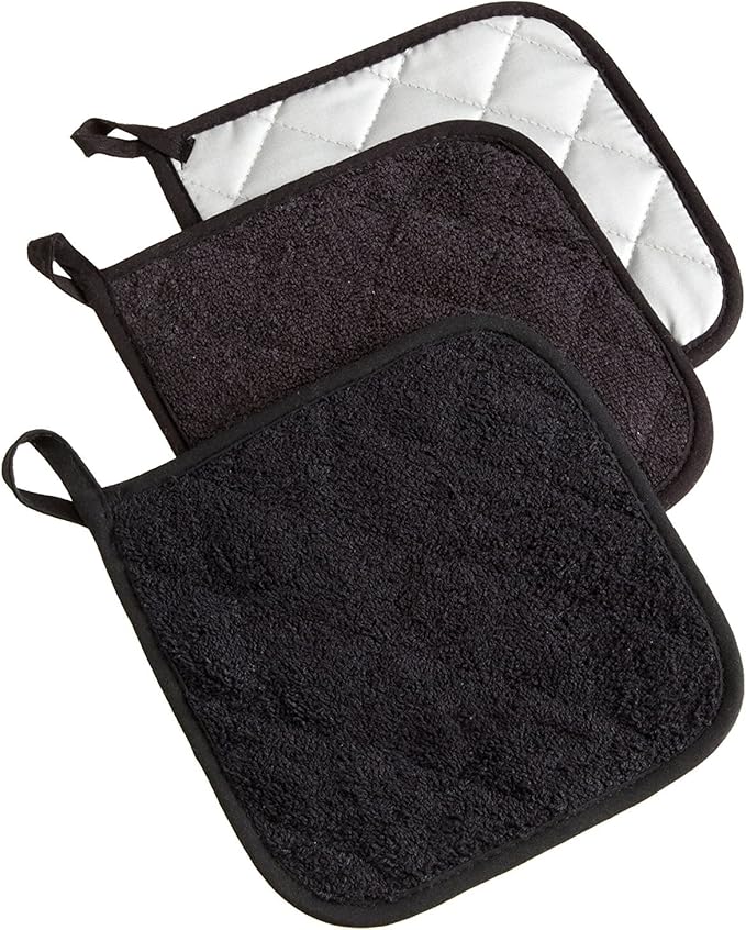 DII Basic Terry Collection Quilted 100% Cotton, Potholder, Black, 3 Piece
