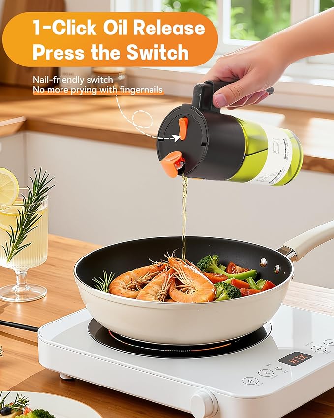 OURCABECUE Upgrade 2 in 1 Oil Sprayer for Cooking, 17oz Light-Blocking Glass Olive Oil Dispenser Bottle for Kitchen (Green+Brown Bottle-Black 2PACK)