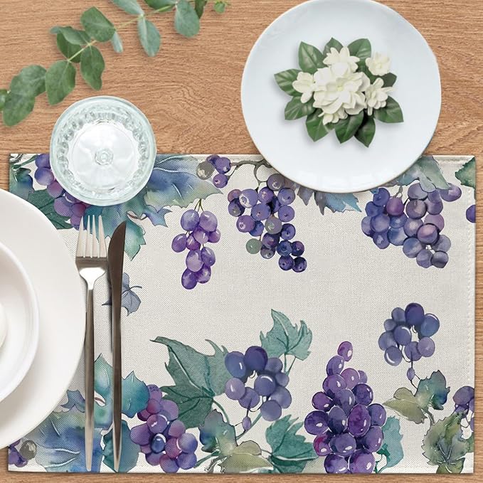 Watercolor Grapes Placemats Set of 4, Spring Summer Sweet Fruit Dining Table Place Mats, Farmhouse Kitchen Decor Home Decoration 12 x 18 Inches