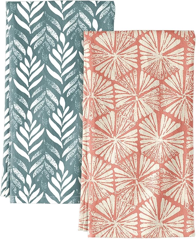 Miss Adola 2 Pack Flour Sack Kitchen Towels - 16x26 Inch Cotton Dish Towels with Hanging Loop Reusable Geometric Boho Modern Retro Tea Towel Absorbent Dishcloths Home Decor, Botanical Flower
