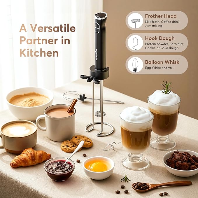 FoodVille MF06 Rechargeable Milk Frother 1800 Mah with 9 Speed and 3 Frother, LED Display Screen, Storage Stand, for Coffee Milk Foam, Cappuccino, Latte, Keto Diet, Protein Powder, Matcha, Bulletproof