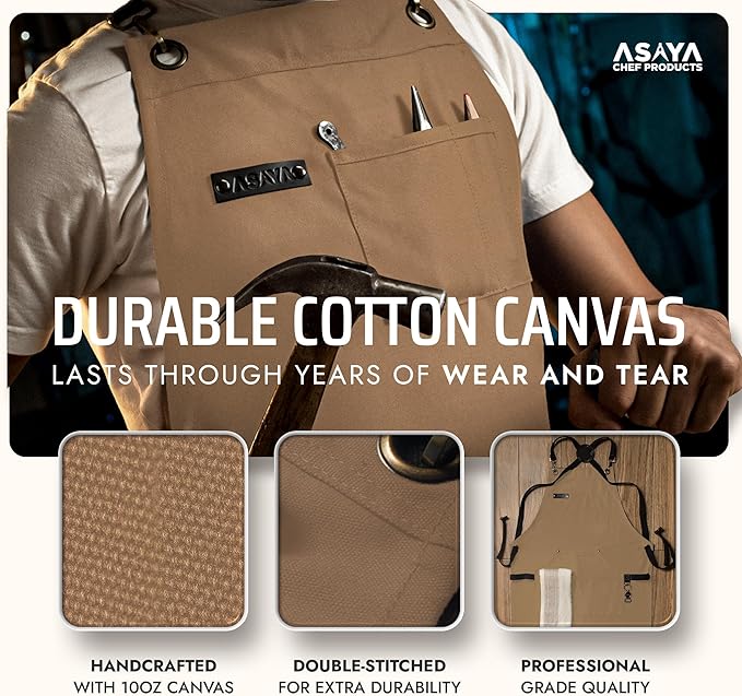 Asaya Chef and BBQ Apron with Bottle Opener and Hand Towel - 10oz Cotton Canvas, Stainless Steel Hardware - Cross Back Straps