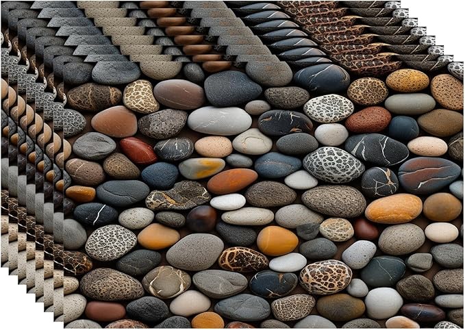Batmerry Pebbles Various Textures Placemats, Assorted Smooth Stones Washable Linen Table Mats for Kitchen Table Double Insulation Decor Dining Set Indoor Outdoor 12X18 in Set of 8