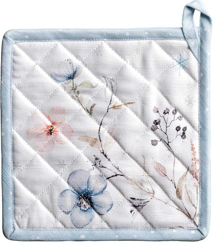 Maison d' Hermine Pot Holders 100% Cotton Heat Resistant Potholders 8" x 8" Hot Pads with Loop for Thanksgiving Christmas Decorations BBQ Cooking Baking Handling Hot Pans (Pack of 1, Ice Florals)