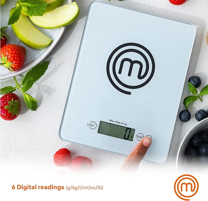MasterChef Digital Food Scale Grams and Ounces for Kitchen, Portable Food Weight Scale with LCD Display for Baking & Cooking, Tempered Glass Scales, Weighing Precision of 0.1oz, 11lb Weight Capacity