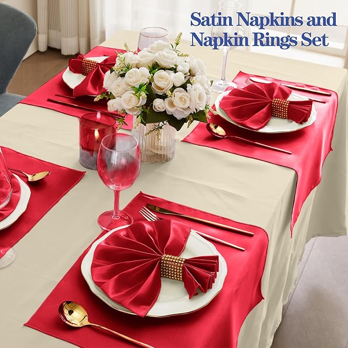 RUDONG M 100 Pcs Red Satin Napkins and Napkin Rings Set, 17 x 17 Inch Square Cloth Napkins Set of 50, Silky Soft Table Napkins Bulk for Weddings, Banquet, Parties Dinner Decoration