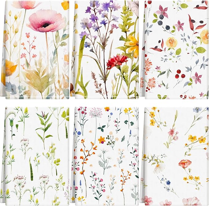 HunnmingRe Wildflower Floral Flour Sack Towels - Set of 6 Spring Flour Kitchen Towels Large 28 x 27 Inch Reusable Versatile Cotton Cloths Bathroom Decor Housewarming Gift, Vintage Flower (Fresh)
